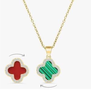 18K Gold Double Sided Clover Pendant Necklace Lucky Charm Simulated Diamonds